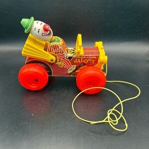 Vintage 1965 Fisher Price Jolly Jalopy Wobbly Clown Car Retro Pull Toy #724